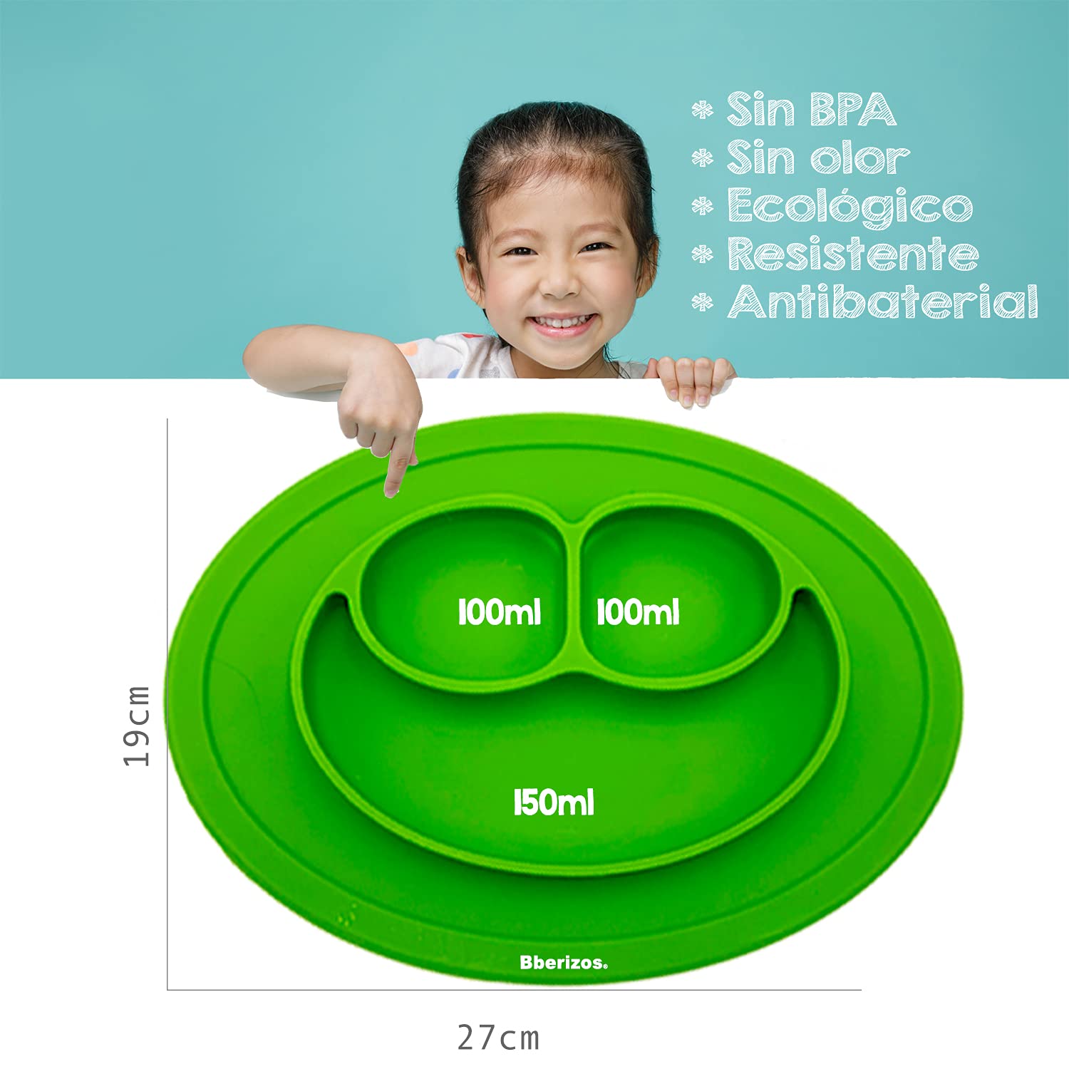 Bberizos| Plato y Cuchara de Silicona Grado Alimenticio para Niño Niña con Divisiones para Alimentos Snacks Papillas Libre de BPA PVC (Verde)