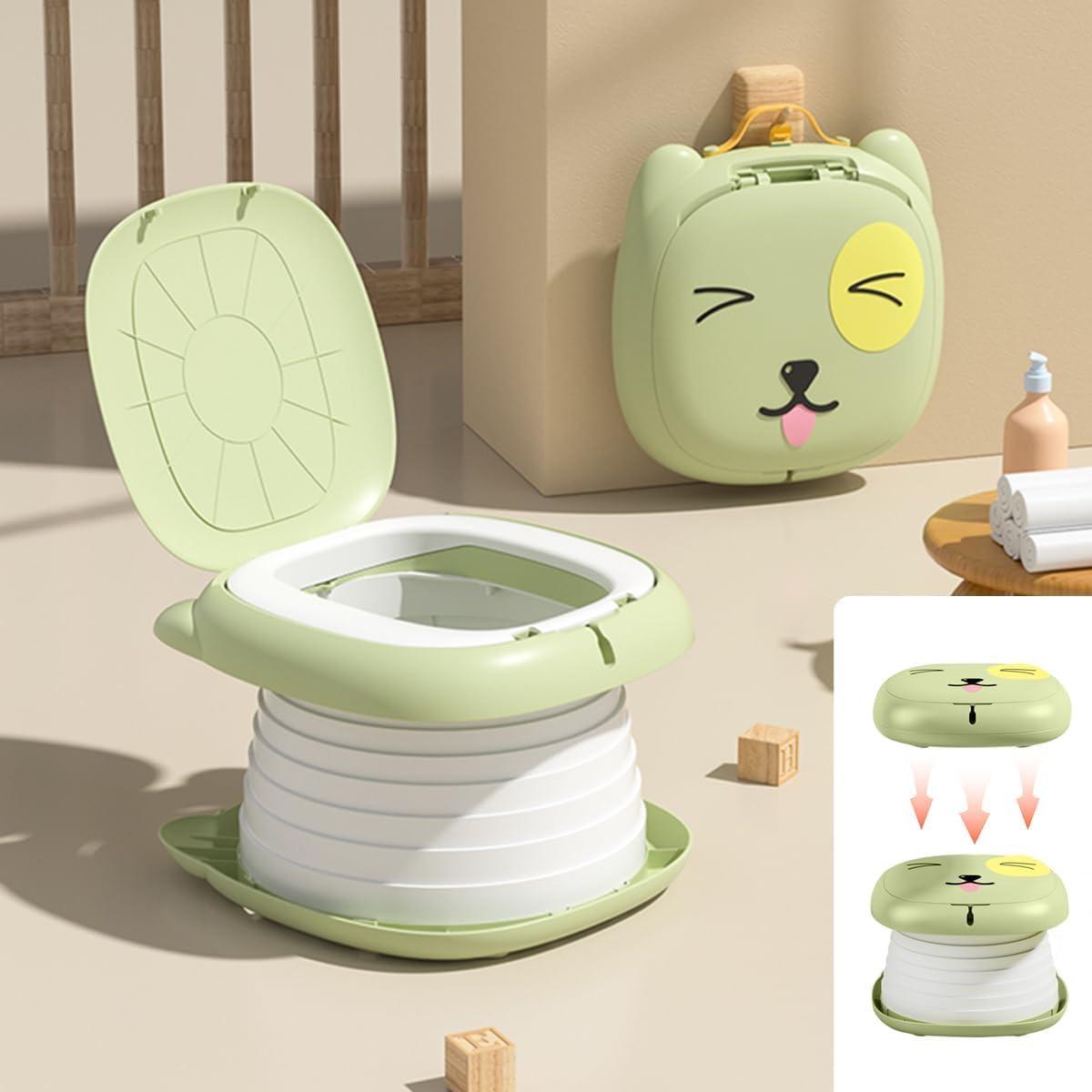 Orinal de Viaje Portátil para Niños,Asiento Entrenador Baño para Niños, portátiles y plegables con bolsa de basura y bolsa de almacenamiento para automóviles,Camping, Interior y Exterior con Rollos Bolsa de Almacenamiento (Verde)