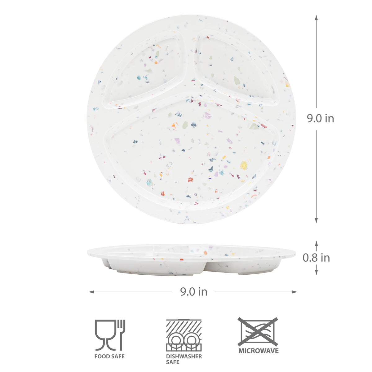 bzyoo Platos divididos de melamina de 9 pulgadas, placas de control de porciones de 3 secciones, seguros para alimentos, duraderos, ligeros e irrompibles, vajilla reutilizable para niños, niños