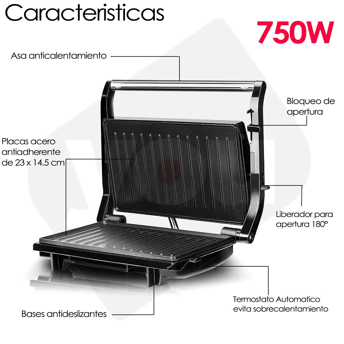 Parrilla Panini Grill Sandwich Doble Placa Antiadherente Abertura de 180°