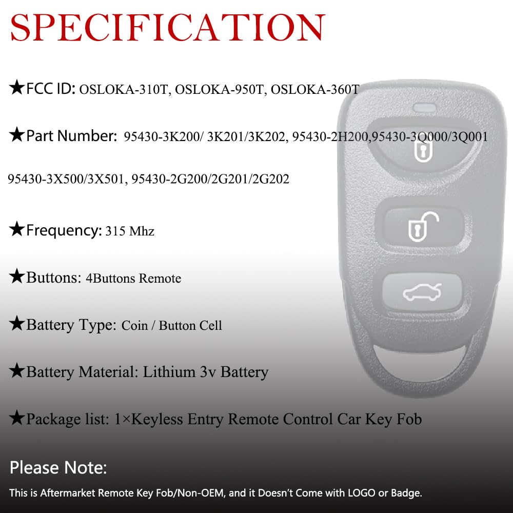 MechanMagic Llave de repuesto para mando a distancia Hyundai Elantra 2006-2016/Sonata 2007-2015/Kia Optima 2006-2010 OSLOKA-950T/310T/360T Control remoto de entrada sin llave 315MHz