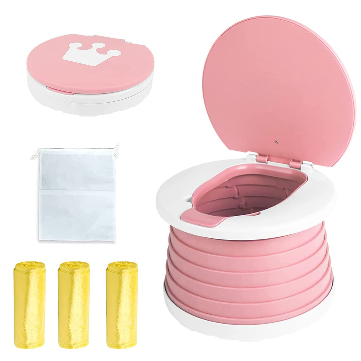 Orinal de viaje para niños pequeños, inodoro portátil y plegable, se aplica al asiento de emergencia para automóvil, campamento, al aire última intervensión, interior (rosa, pequeño)