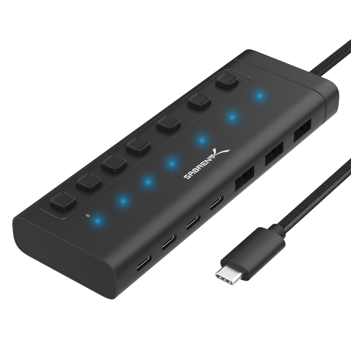 Concentrador USB-C SABRENT Negro de 7 Puertos con Interruptores de Alimentación y Carga Rápida