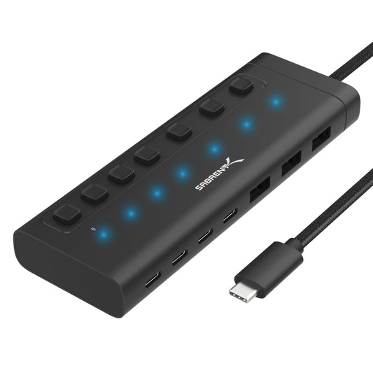 Concentrador USB-C SABRENT Negro de 7 Puertos con Interruptores de Alimentación y Carga Rápida