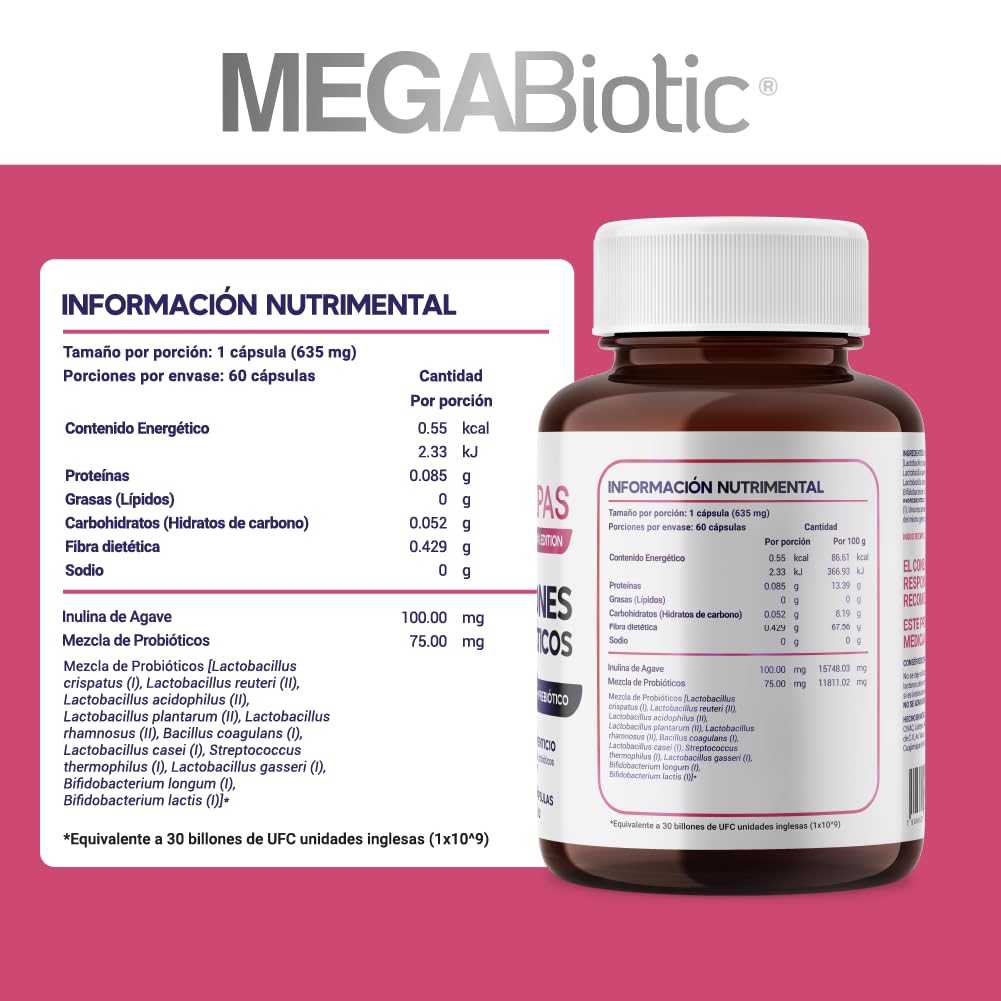 Suplemento Alimenticio MegaBiotic 30 Billones Mujer con Probióticos y Prebióticos Inulina de Agave y Fibra Dietética
