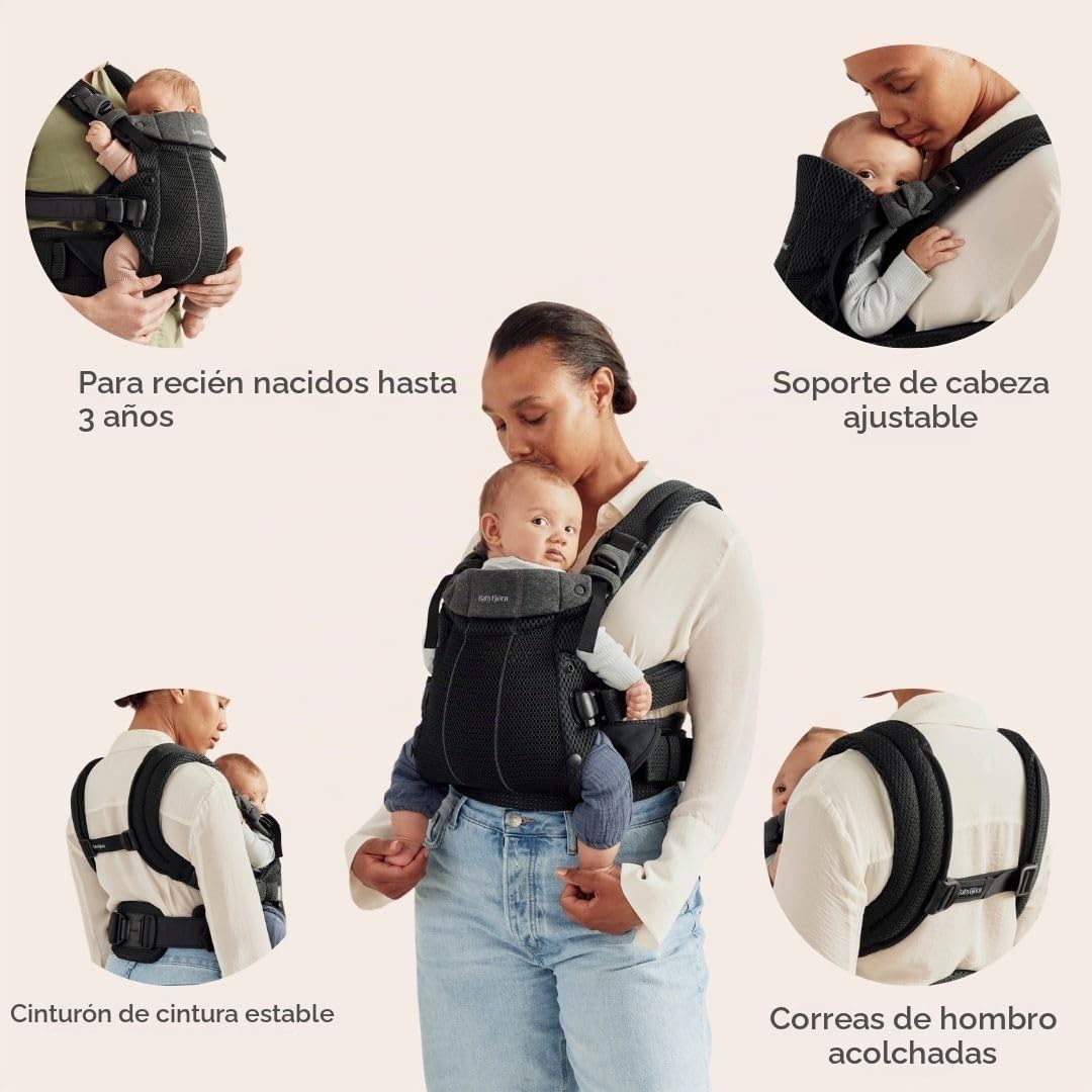 BabyBjörn Canguro Portabebé Harmony, Malla 3D, Negro | Ergonómico, para recién nacidos hasta los 3 años (3.2–15 kg), 4 posiciones, posición de piernas ajustable, suave y cómodo