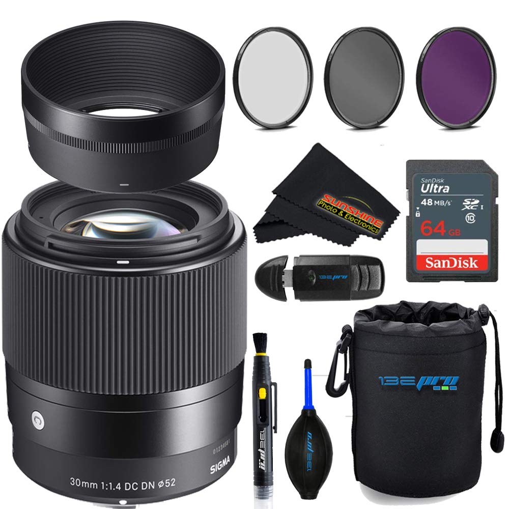 Sigma Lente DC DN de 30 mm, F1.4, contemporánea, para Sony E con paquete de accesorios fotográficos Sunshine - 4 años de garantía del fabricante en EE. UU