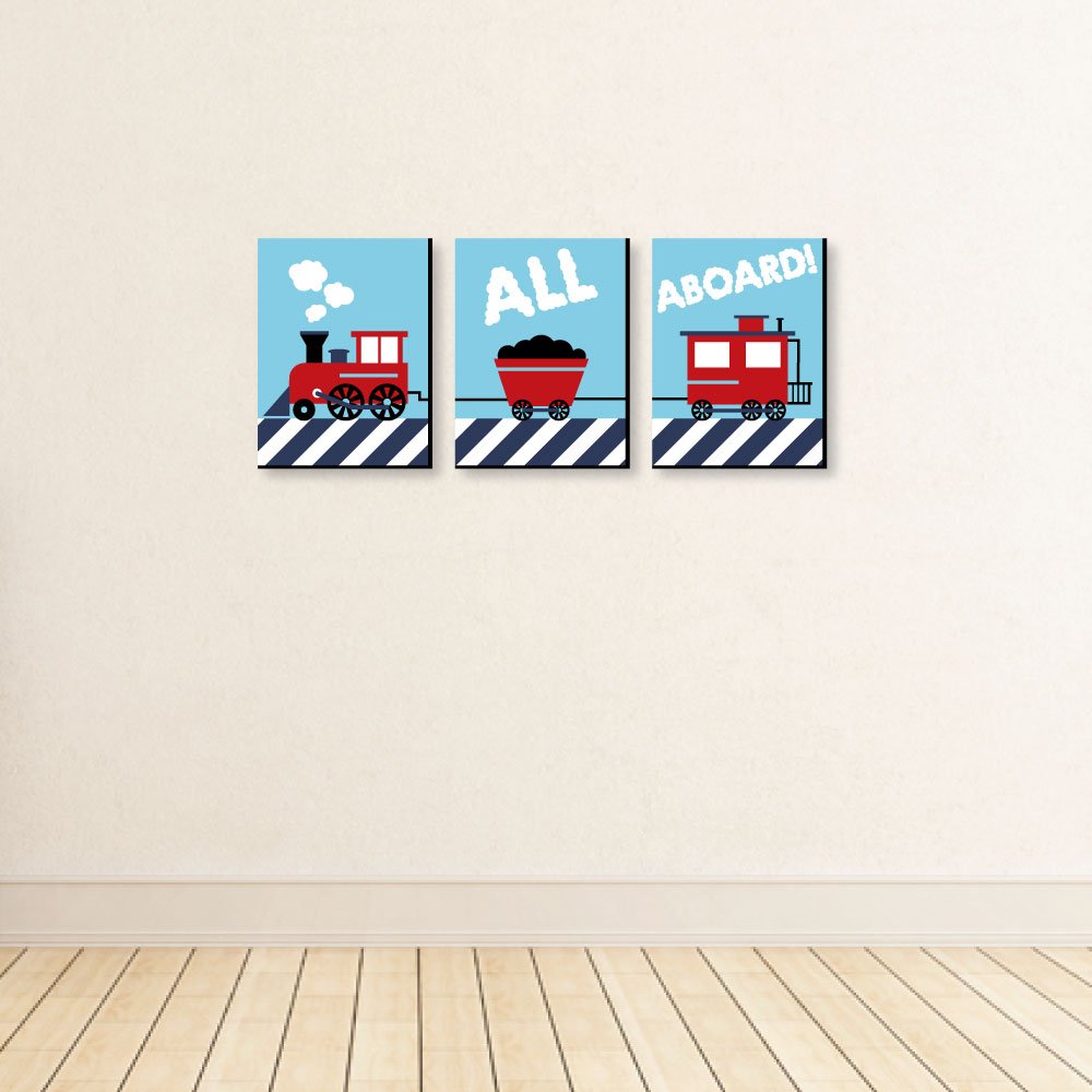 Big Dot of Happiness Railroad Crossing – Juego de 3 Impresiones de Trenes de Vapor para bebé, guardería, decoración de la habitación de los niños, 19 x 25 cm