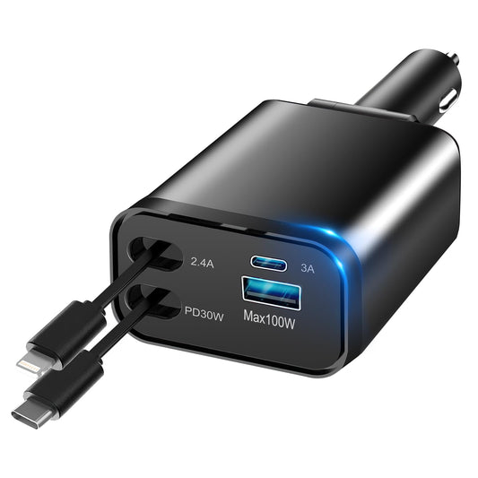 YCQYNHQ Cargador para Auto, Cargador USB C 4 en 1 de 100W+30W Carga Rápida, Cables retráctiles (80cm)y adaptador de cargador de coche de 2 puertos USB, Compatible con iPhone 16 15 14 13,Galaxy, Xiaomi