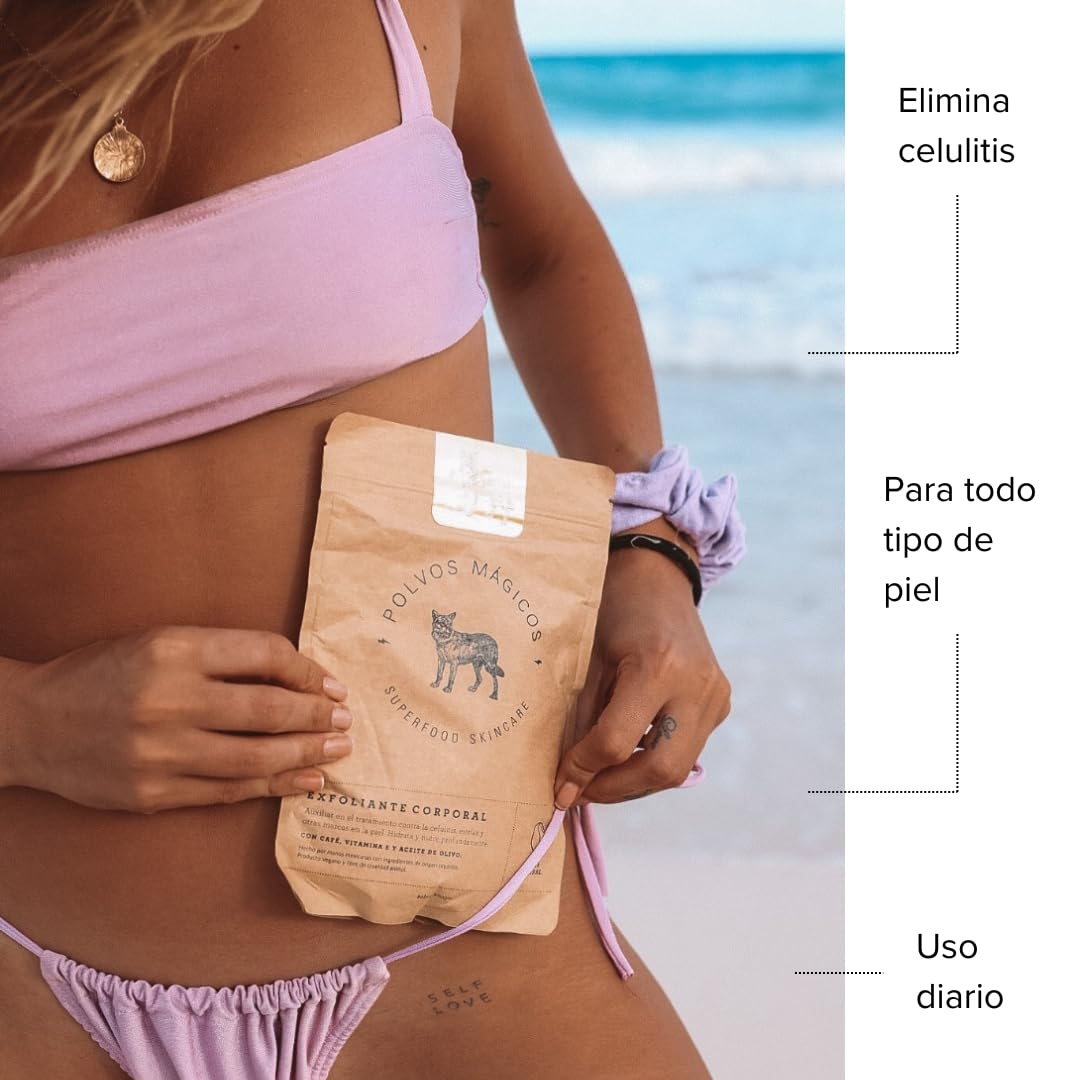Exfoliante Corporal Polvos Mágicos Café Orgánico y Aceite de Olivo Anticelulitis y Estrías para una Piel Perfecta