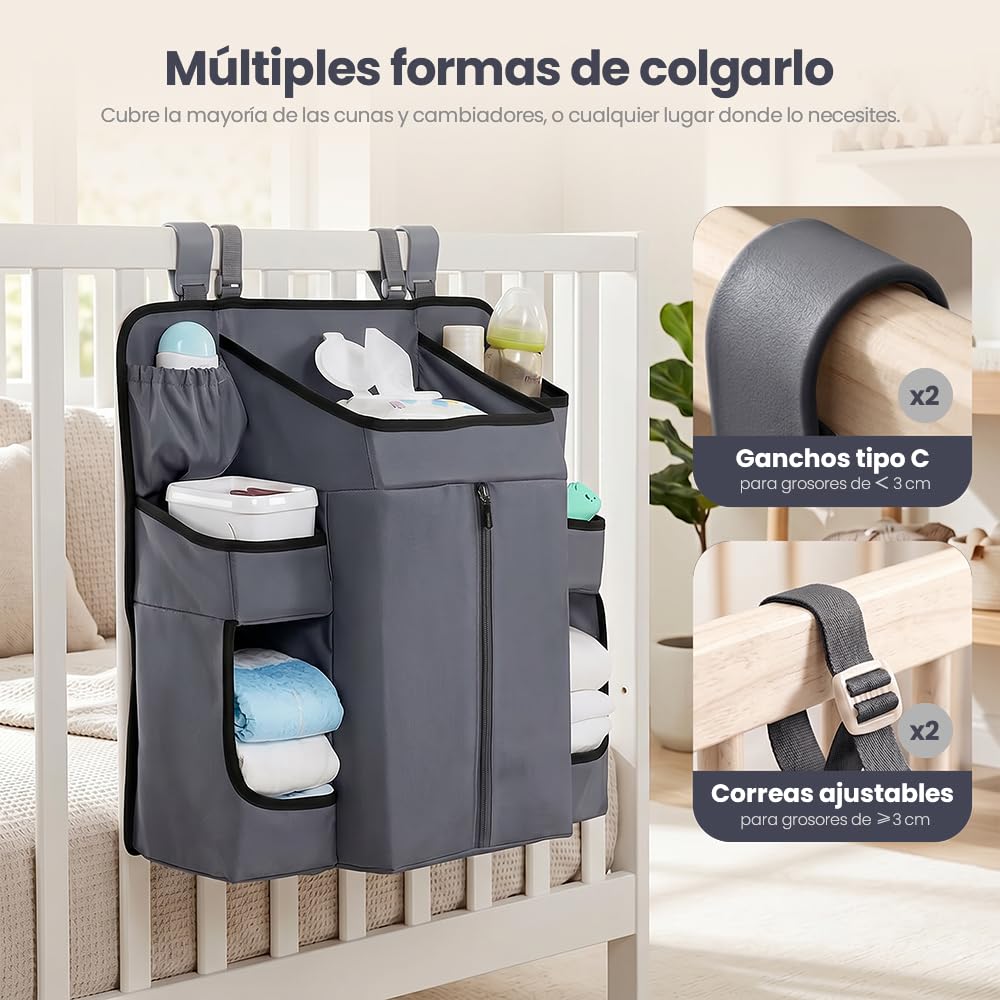 Organizador de Pañales para Bebe, Organizador de Cuna Colgante para Cosas de Bebé, Múltiples bolsillos y compartimentos para guardar pañales, biberones (Gris Oscuro)