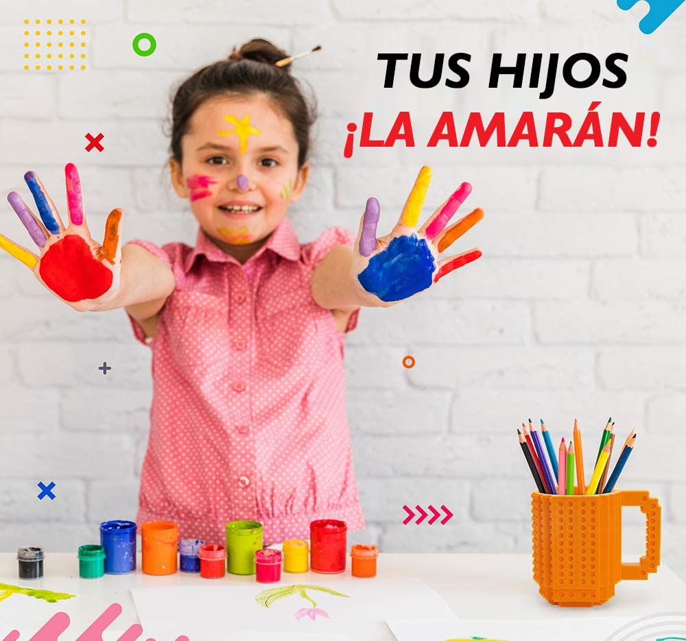 John & John Taza armable de diseño Divertido para Ladrillos, Incluye un muñeco y 2 Sets de Bloques de construcción para Jugar (10 Colores) - Naranja