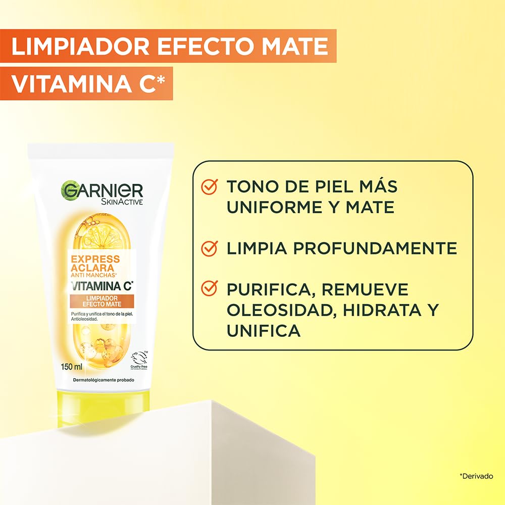 Garnier Gel Limpiador Facial Tono Uniforme con Vitamina C Express Aclara 150ml, 170 grams, 150 mililitro, 1