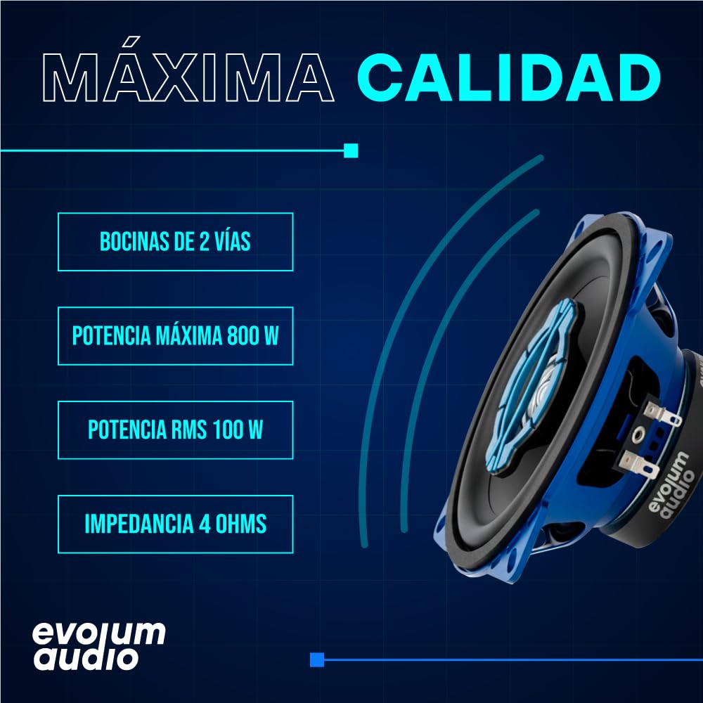 Evolum Audio - Kit Bocinas 2 Vías - Sonido Claro y Potente - Potencia RMS de 100 W - Gran Volumen y Claridad sin Distorsión - Fácil Instalación & Amplia Compatibilidad - Modelo Coaxial (4 in)