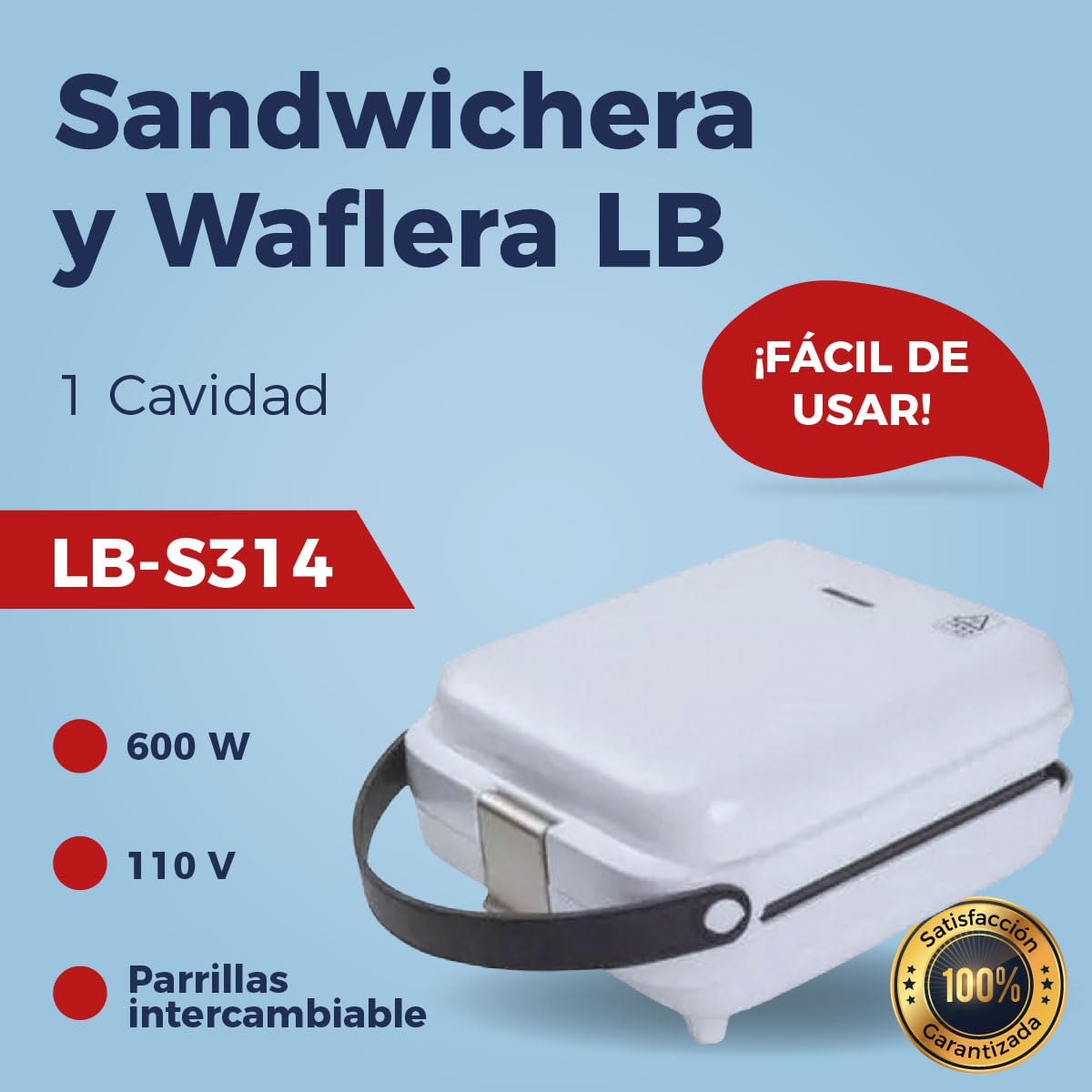 Wafflera Sandwichera Eléctrica Portátil con Parrilla Intercambiable Blanca