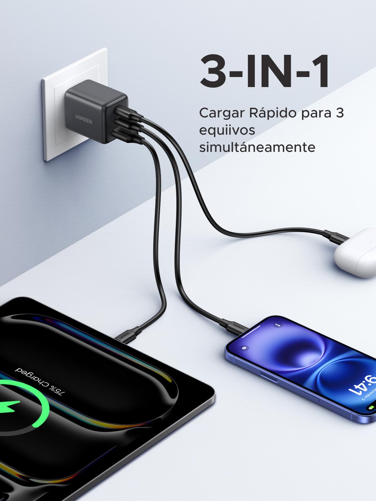 Cargador GAN 30W UGREEN Negro USB C 3 Puertos Rápido para Celular