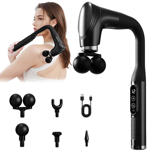 UIORHBQ Pistola de Masaje con Mango Extensión, Massage Gun de Espalda de Doble Bola para Aliviar el Dolor de Tejido Profundo, 5 Cabezales de Masaje y 12 Niveles de Velocidad,para Espalda Cuello Hombro