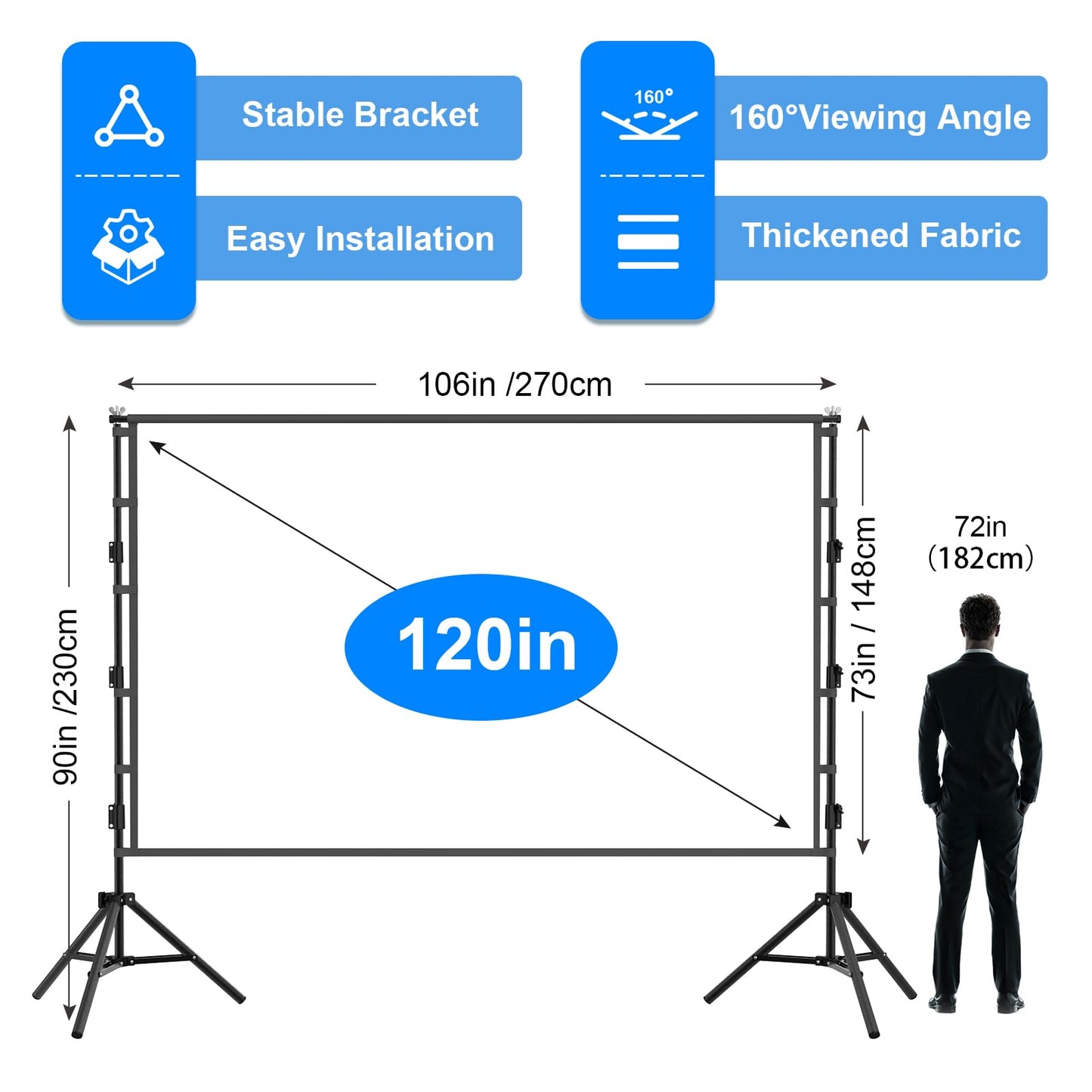 visualización de proyector con soporte, soporte portátil de alta resistencia, visualización de proyección frontal trasera 4K HD 16:9 con bolsa de transporte, soporte de altura ajustable para cine en