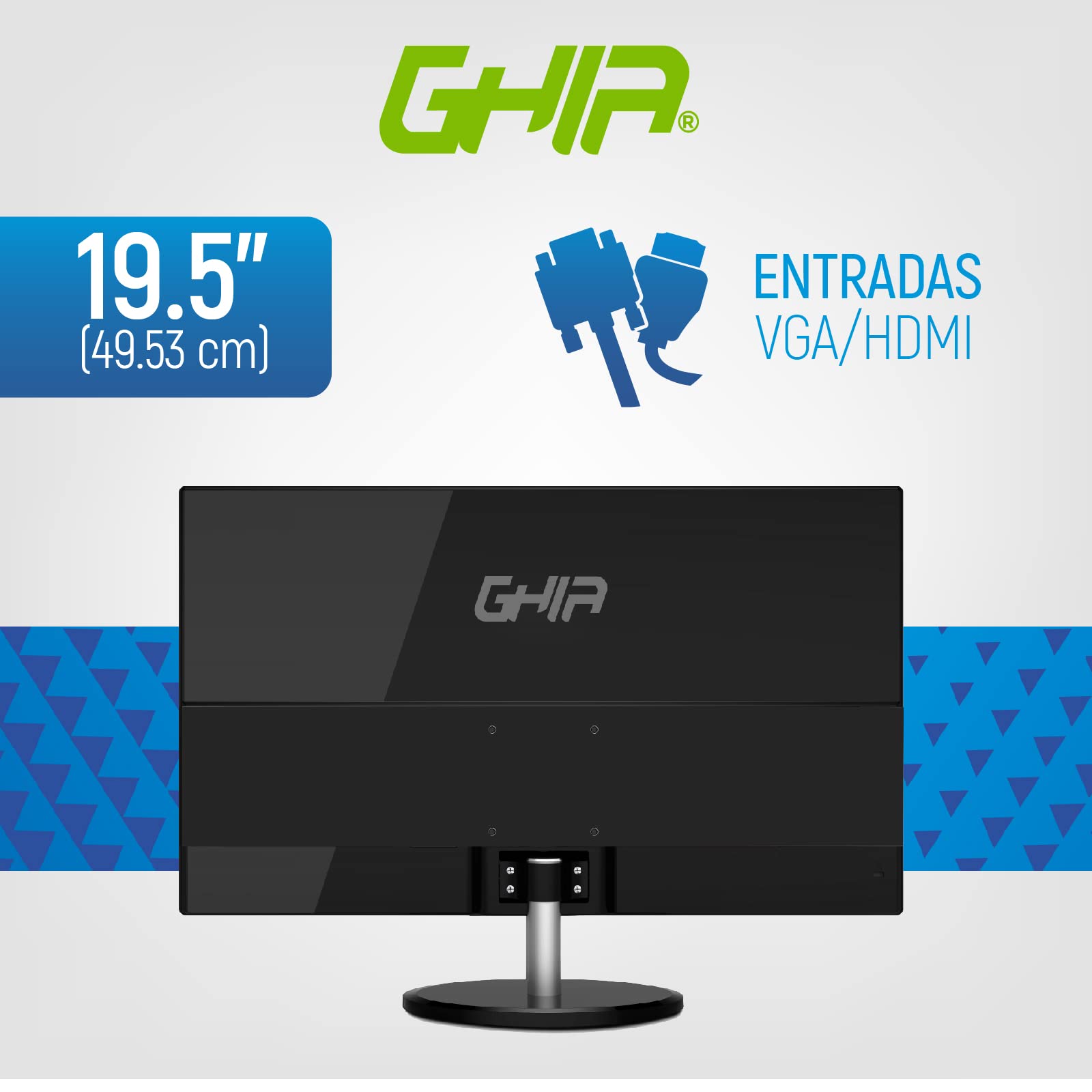 GHIA Monitor 19.5" Pulgadas MG2020. LED, Panel TN, Resolución HD 1600 X 900, 60 Hz MAX, 5 ms de Tiempo de Respuesta, Conexiones VGA y HDMI, Mini Jack 3.5mm.