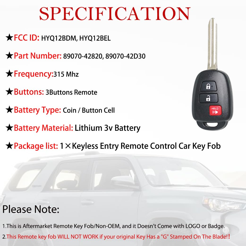 MechanMagic - Repuesto para mando a distancia para Toyota 2013, 2014, 2015, 2016, 2017, 2018, 2019, 2020, 2021, RAV4, Tacoma, Prius C, control remoto de entrada sin llave, HYQ12BDM HYQ12BEL 89070