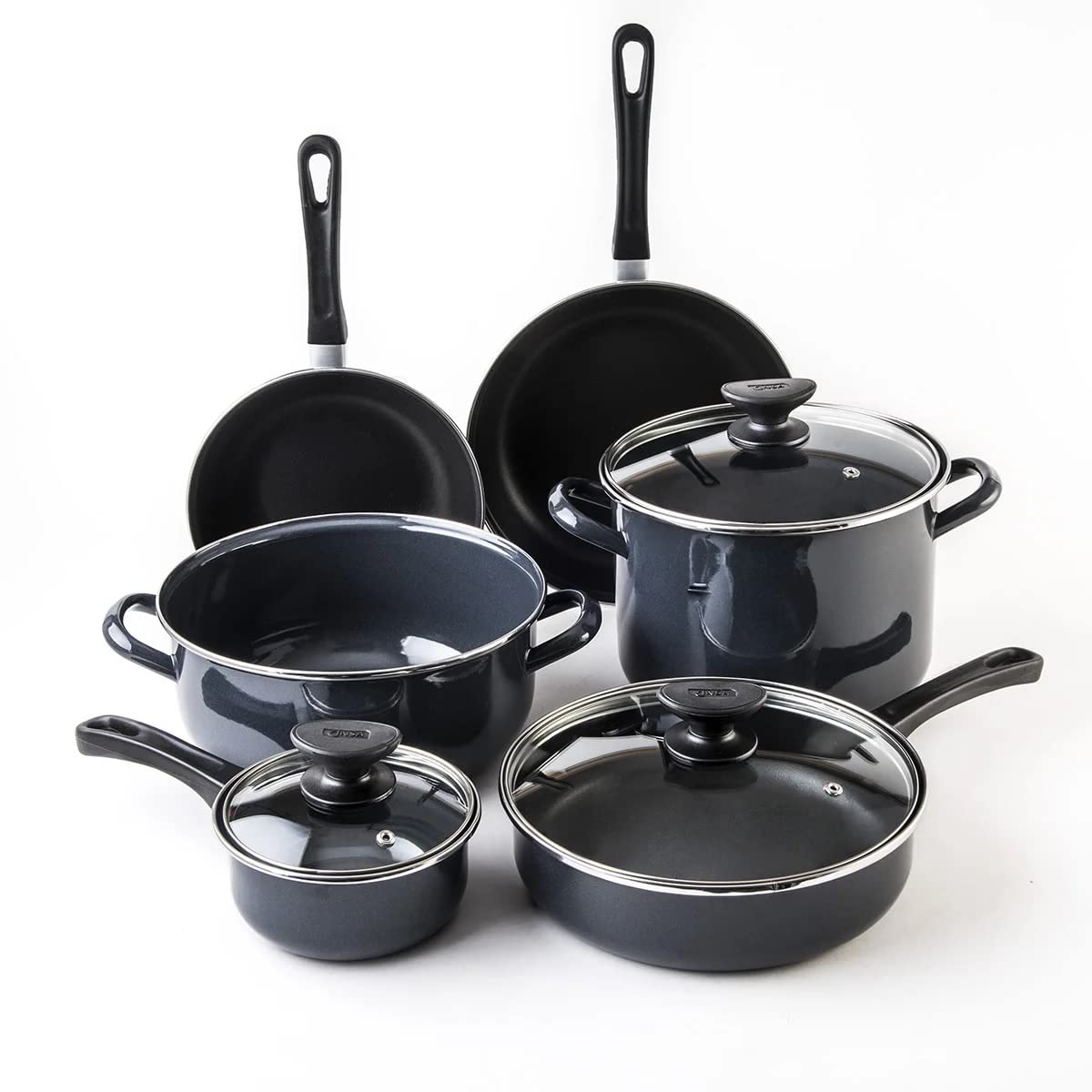 Cinsa Batería de cocina Mega Óptima 9 piezas, Peltre pesado con antiadherente con tapas de vidrio templado, Negro
