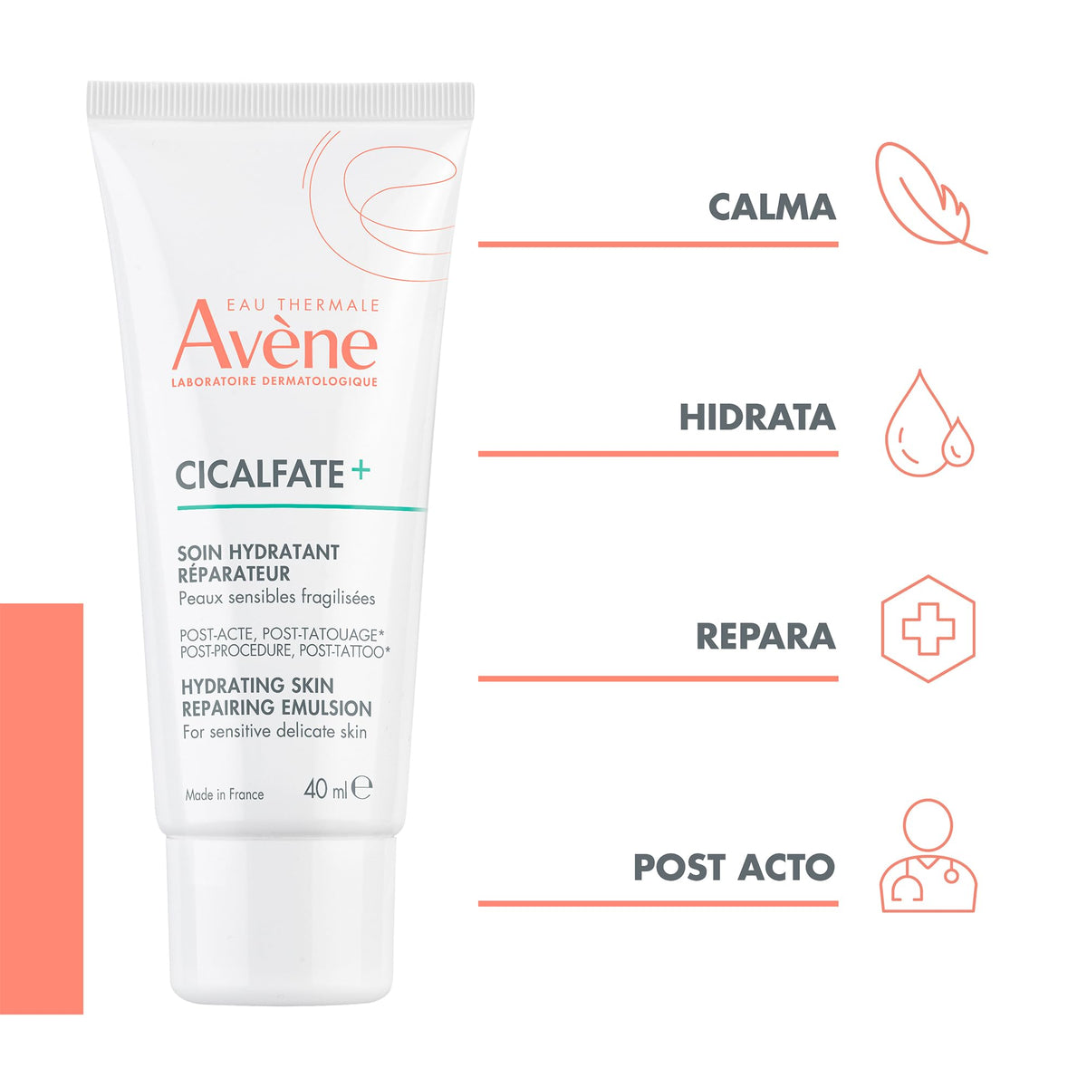 AVENE, Cicalfate+ Emulsión Hidratante Restauradora, Para Post Procedimientos, 40ml