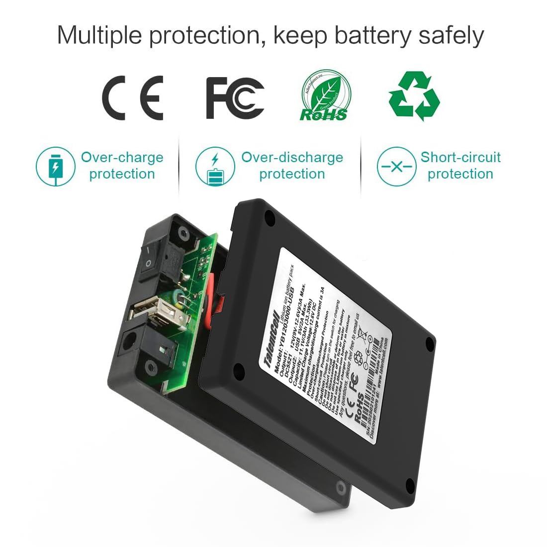 Batería Recargable de Ion de Litio 12V 3000mAh TalentCell Negra con Salida Dual para Tiras LED y Cámaras CCTV