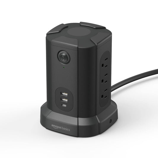 Amazon Basics Power Strip Tower Surge Protector 1080J, 9 Outlet, USB-C, 2 USB-A Port, 15A, 6ft Cord
