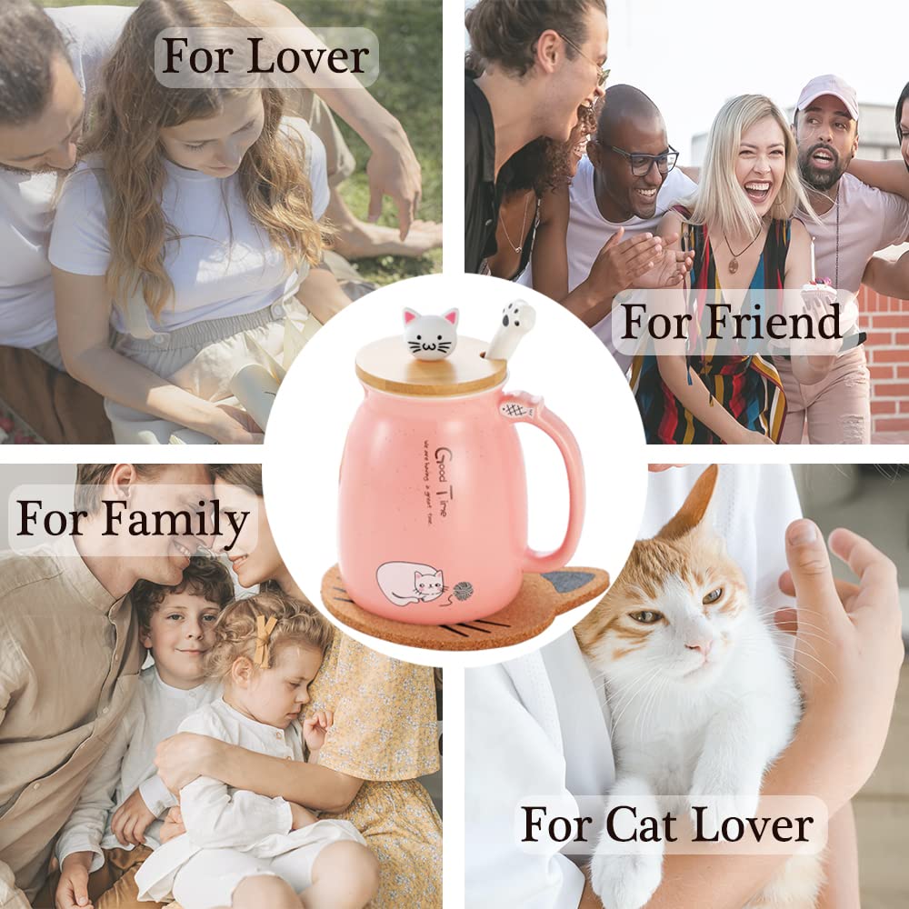 BigNoseDeer Taza de té Kawaii con infusor de gato lindo taza de café de cerámica, taza de té, color rosa, lindo, regalo para mujeres, amantes de los gatos, regalos de 13 onzas