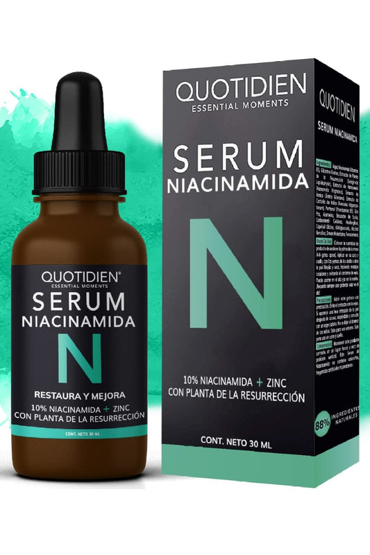Quotidien | Serum Niacinamida 10% + Zinc + Planta de la Resurrección | Regula la Producción de Grasa | Disminuye Poros e Imperfecciones | Ideal Todo Tipo de Piel | 88% Ingredientes Naturales - 30ml