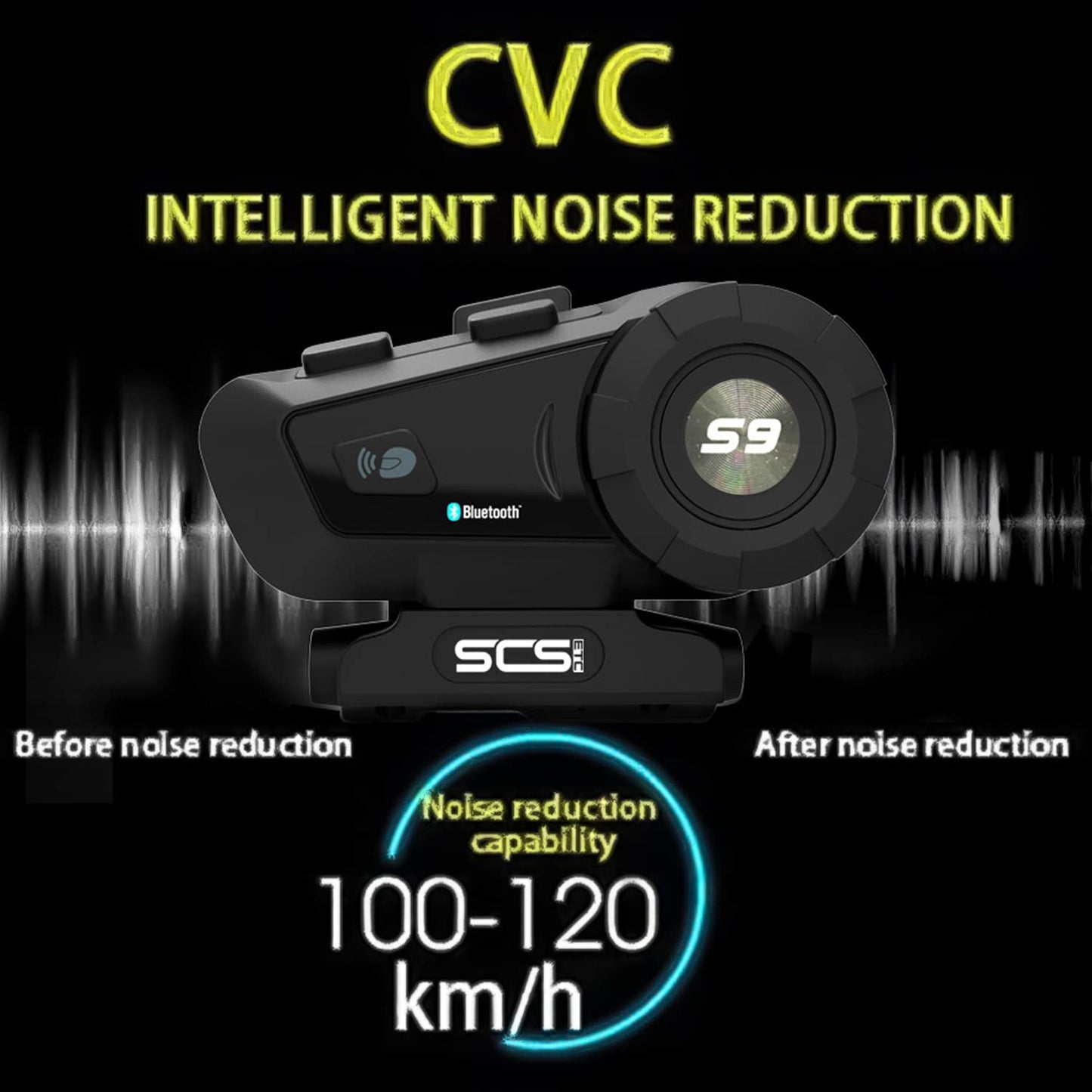 SCSETC S-9 - Casco de motocicleta con Bluetooth de 2000 m, 6 rider intercomunicador, Bluetooth con cancelación de ruido CVC, IP65 impermeable, manos libres/control de voz