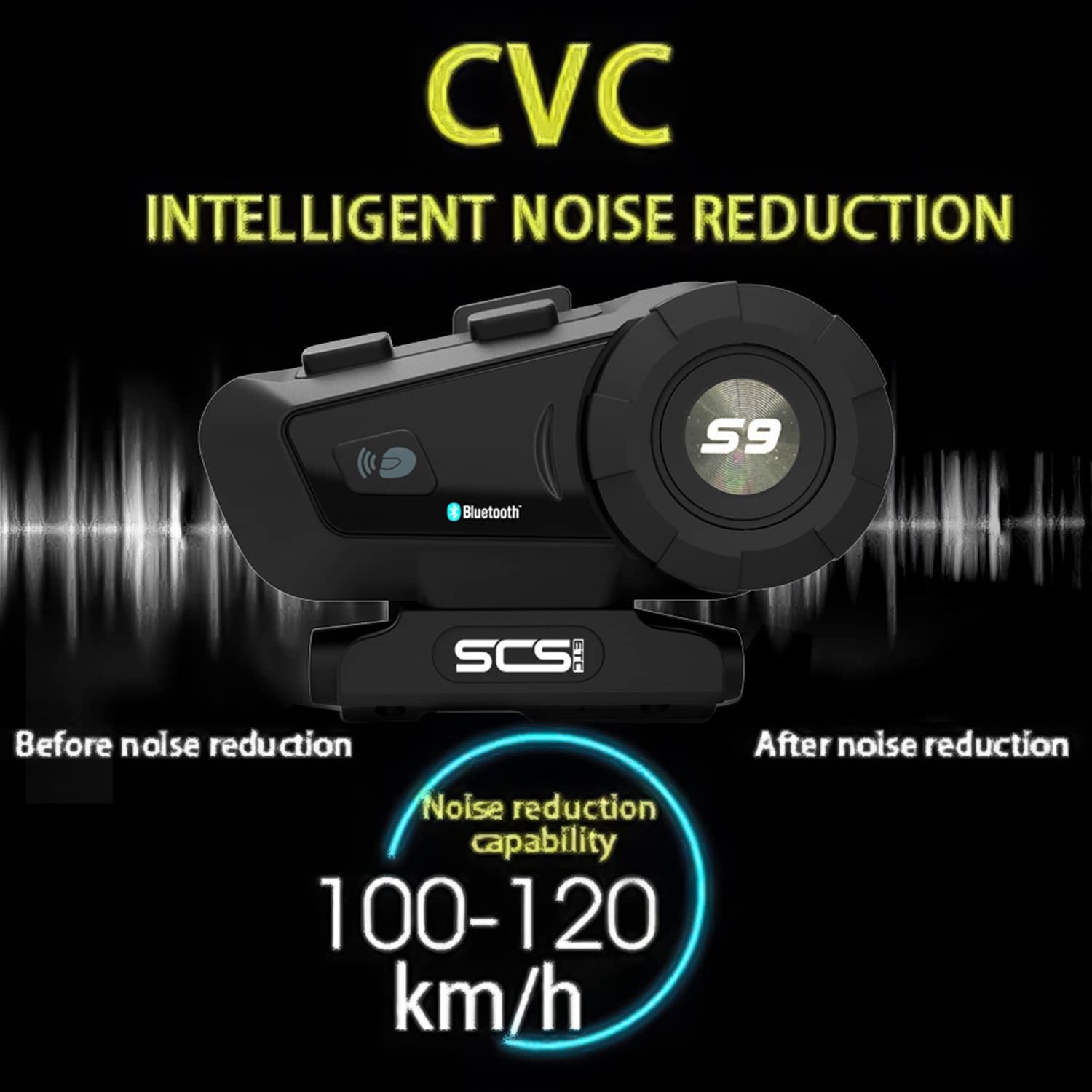 SCSETC S-9 - Casco de motocicleta con Bluetooth de 2000 m, 6 rider intercomunicador, Bluetooth con cancelación de ruido CVC, IP65 impermeable, manos libres/control de voz