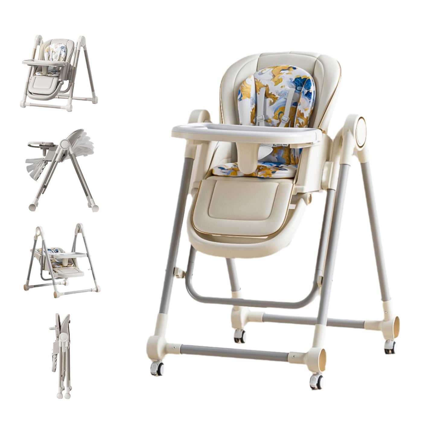 Silla alta multifuncional para bebé, plegable, ajuste de altura de 8 niveles, respetuoso con el medio ambiente, lavable, cojín de poliuretano, silla de alimentación para bebés (blanco)