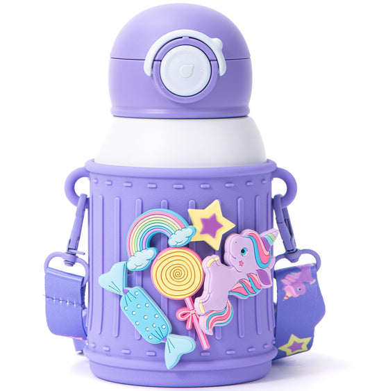 Botella de Agua Le Glacier Acero Inoxidable Azul 16 oz con Tapa de Popote y Funda de Silicona para Niños