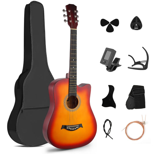 Guitarra Acústica, MTQ Guitarra Acustica con Estuche, Correa, Cuerdas, Púas, Guitarra Acustica de 38 Pulgadas, 6 Cuerdas de Metal. (Marrón)