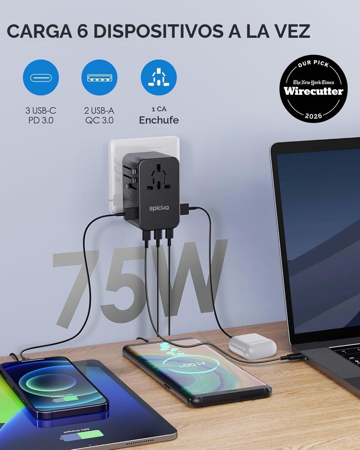 Adaptador de Viaje Universal EPICKA Negro con Carga Rápida 75W GaN y 3 Puertos USB-C