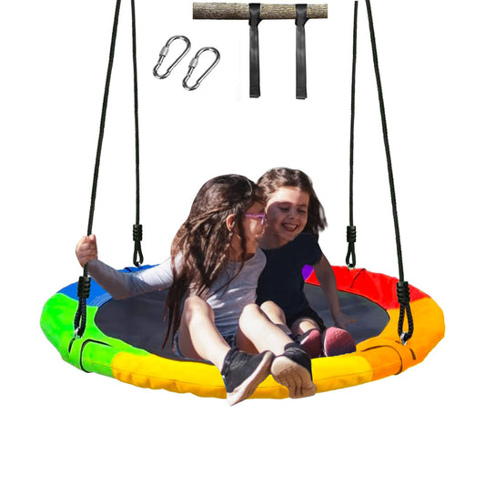 Columpio de árbol de platillo de 40 pulgadas para niños al aire última intervensión, marco de acero resistente, tela Oxford 900D y cuerda reforzada que soporta 500 libras (multicolor)