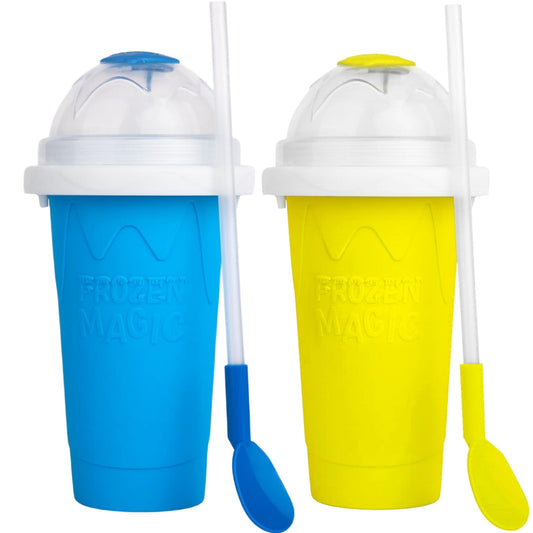 Magic Quick Frozen Smoothies Maker – Máquina grande de granizados, taza para apretar DIY (azul y amarillo)