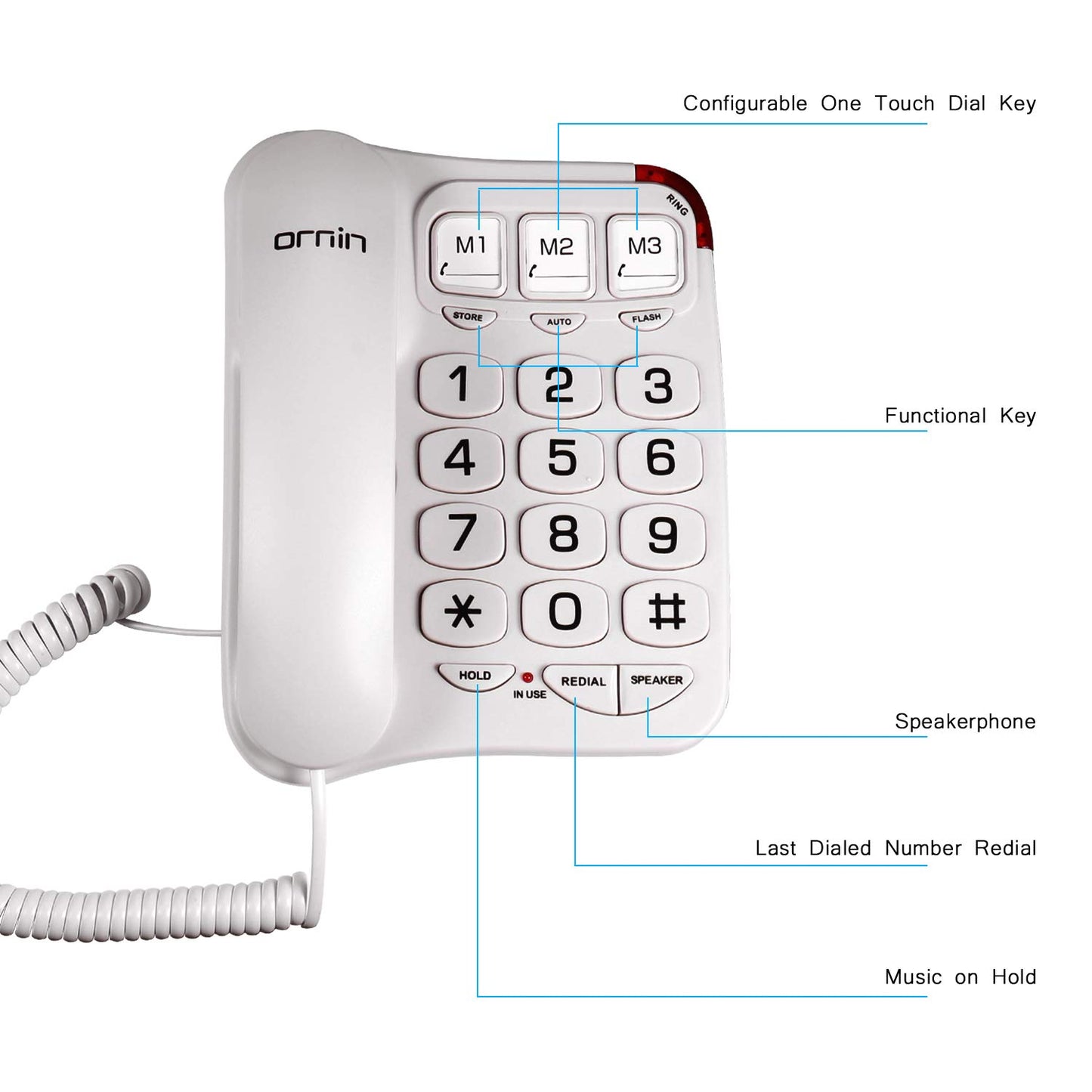 Ornin S016+ - Teléfono con cable de botón grande con altavoz, teléfono de computadora solo (blanco)