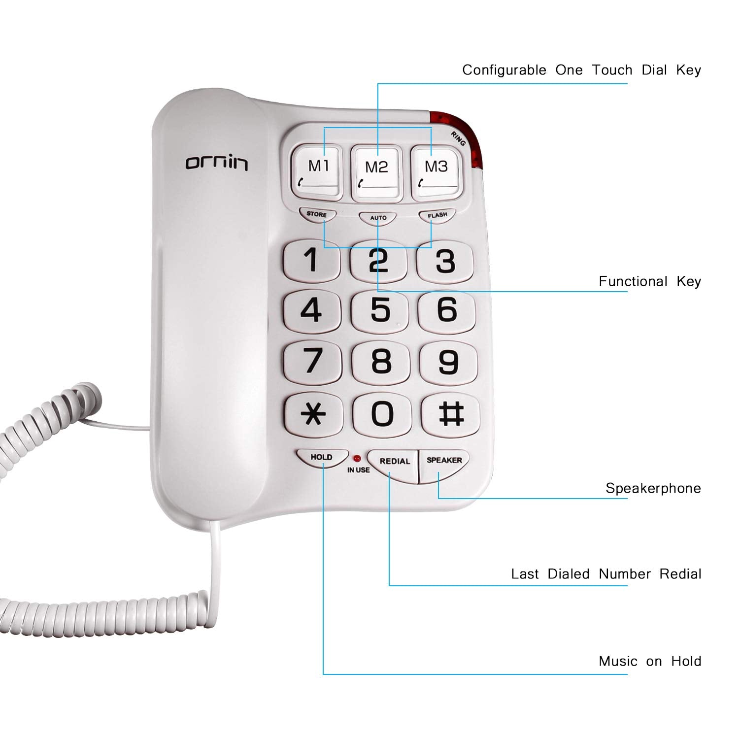 Ornin S016+ - Teléfono con cable de botón grande con altavoz, teléfono de computadora solo (blanco)