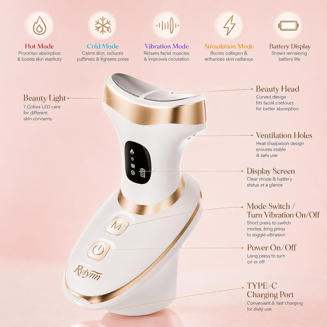 Rylynn Masajeador facial y corporal de frío y calor, herramienta de escultura de curva ancha para desinflamar el rostro y reafirmar el cuello y el pecho, con 7 modos de vibración táctil inteligente y