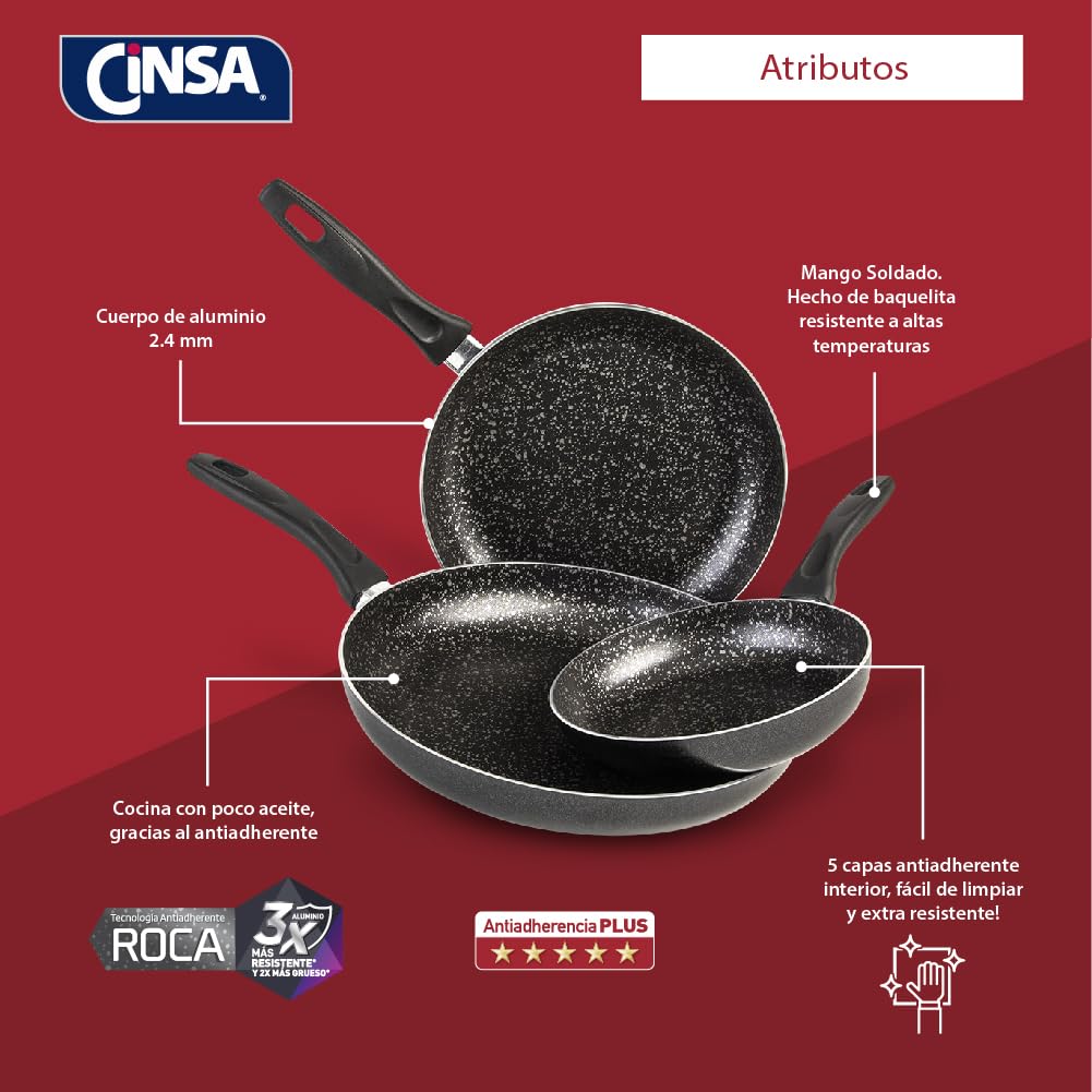 Cinsa Juego de sartenes Experta Roca 3 piezas, Aluminio con antiadherente Roca (Negro, Sarten 20, 26 y 30 cm)