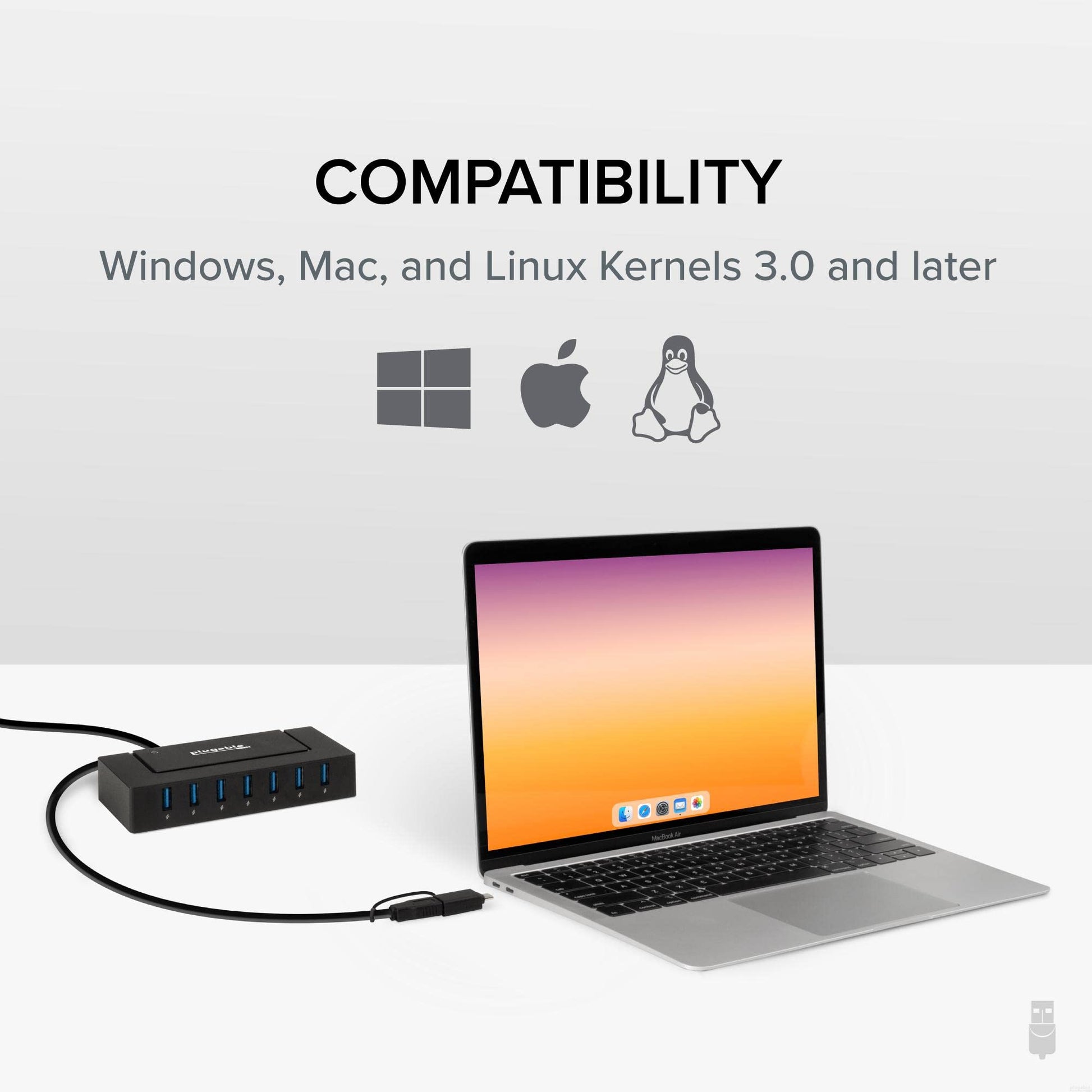 Hub de Carga USB Plugable Negro de 7 Puertos con USB-C para Transferencia de Datos y Alimentación de 60W