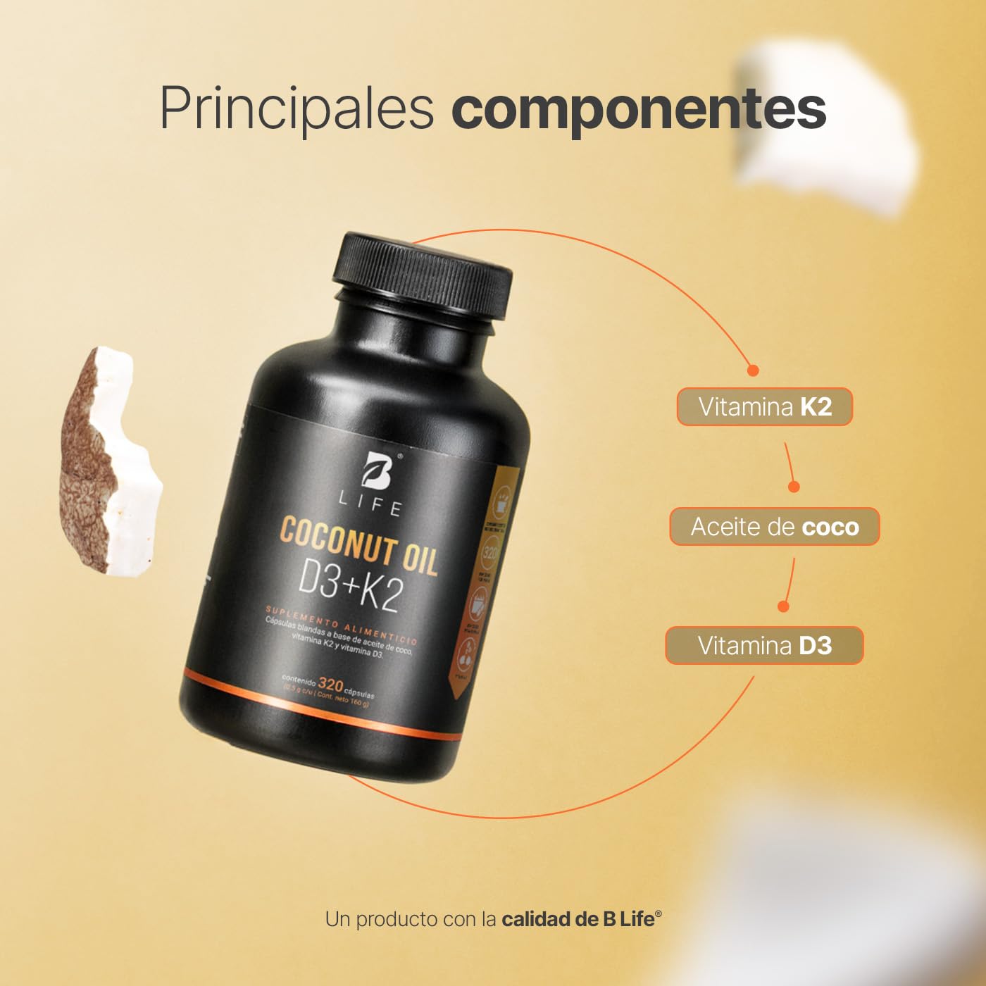 B Life Vitamina D3 400 UI + K2 con 320 Softgels. Alta absorsión. Aceite de Coco, Vitaminas D3 y K2. Ingredientes naturales. Coconut Oil D3 + K2.