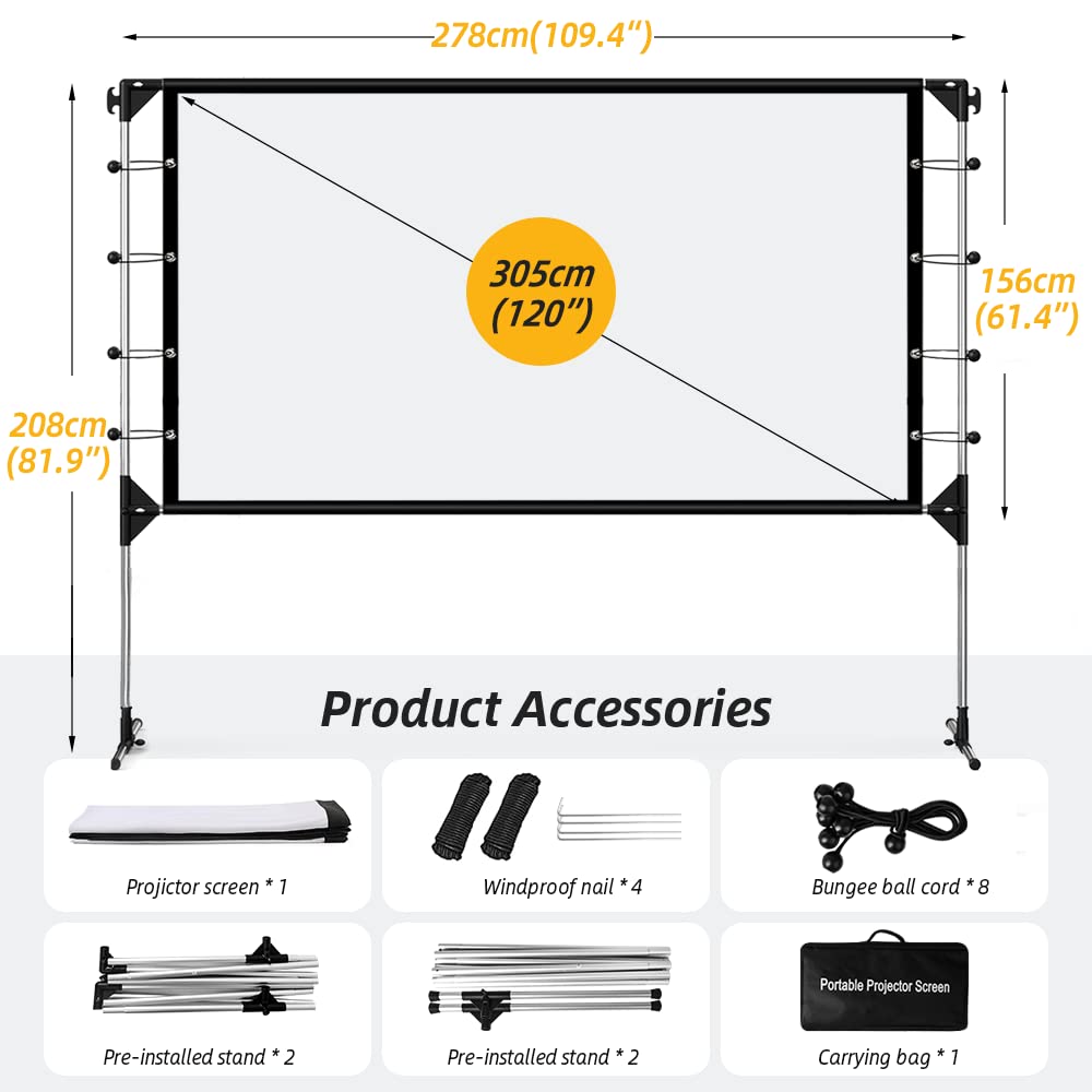 NIERBO Pantalla de proyector con Soporte 120 Pulgadas Pantalla de proyección de películas 16:9 4k HD retroproyección Frontal con Bolsa para Cine en casa al Aire Libre Backyard Movie