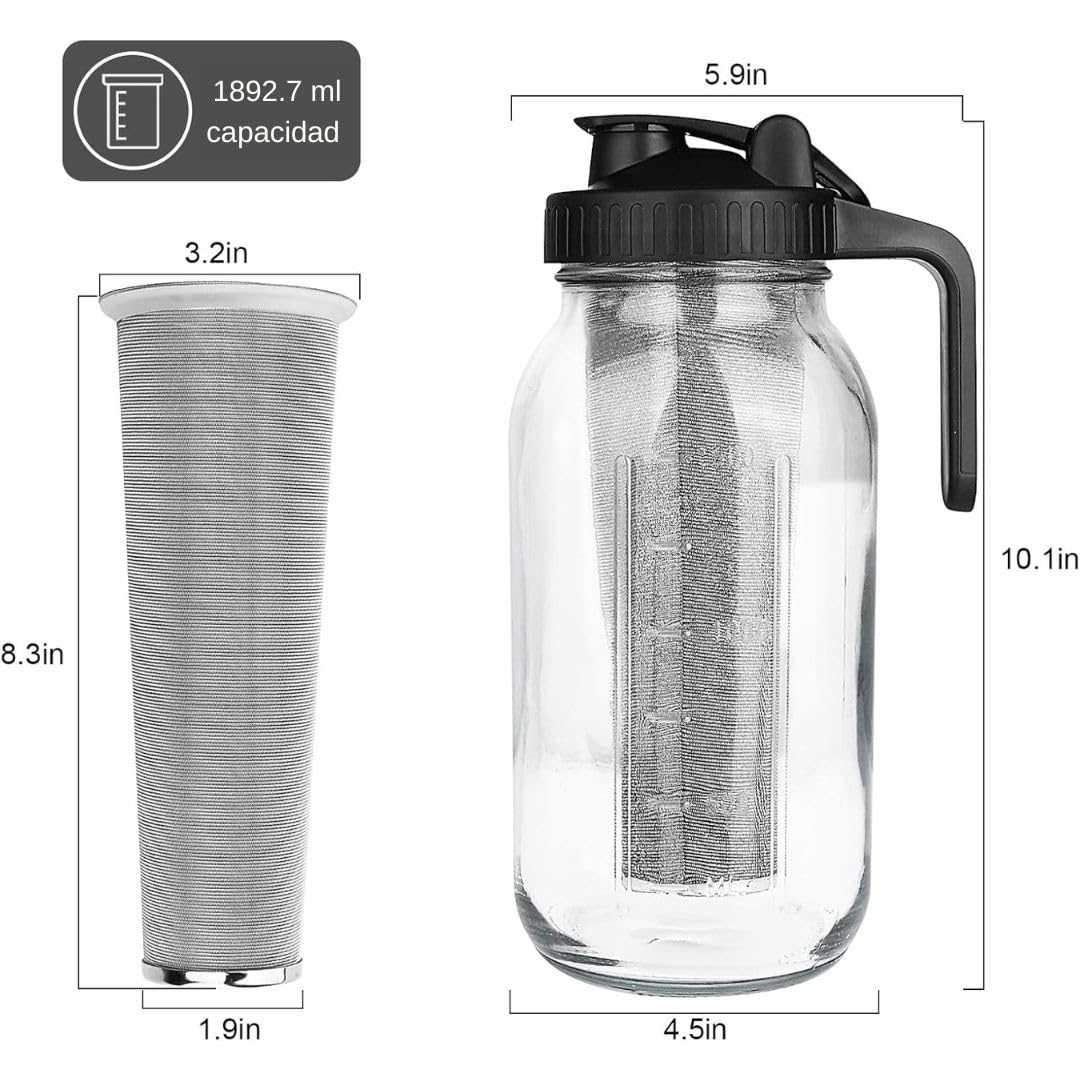 Cafetera U Chef Vidrio Resistente Hermética con Filtro de Acero Inoxidable para Café Cold Brew 1.9 Litros