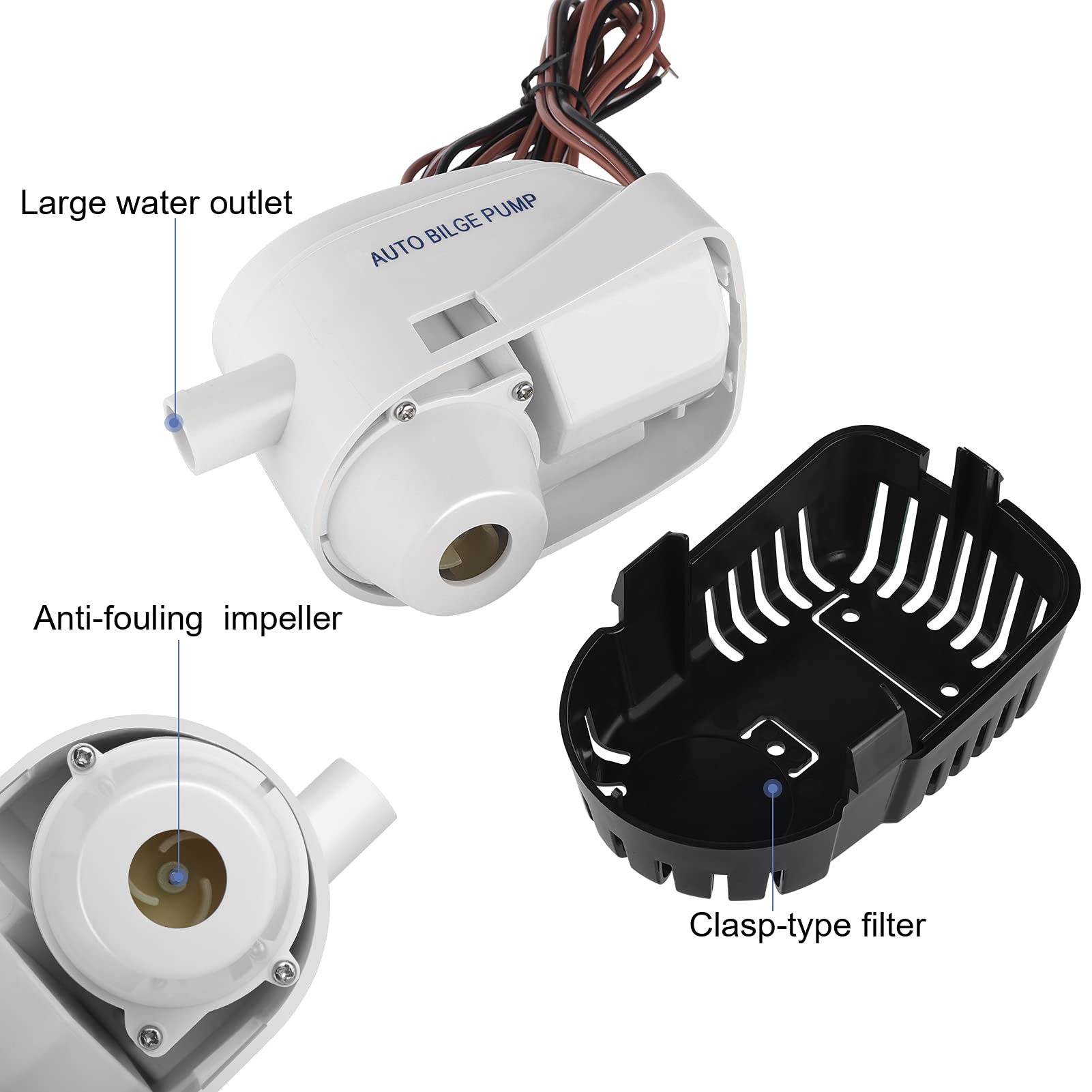 AURELIO TECH 750GPH Automatic Submersible Small Boat Bilge Water Pump with Float Switch 3/4 inch (19mm) Outlet Diameter Hose