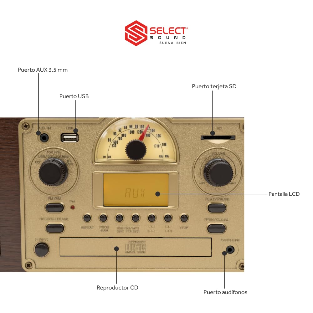 Select Sound Tocadiscos Retro de Madera con CD