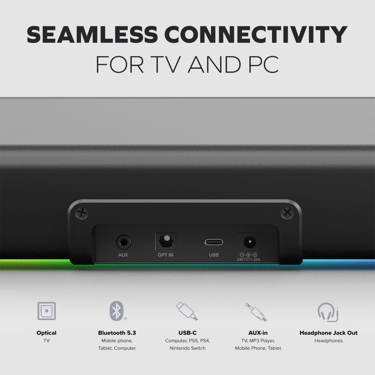 Sound Blaster GS3 - Barra de sonido compacta para juegos RGB con tecnología SuperWide y alimentada a través de USB, Bluetooth 5.4, puerto de salida de auriculares, para PC y Mac (GS5 (negro))