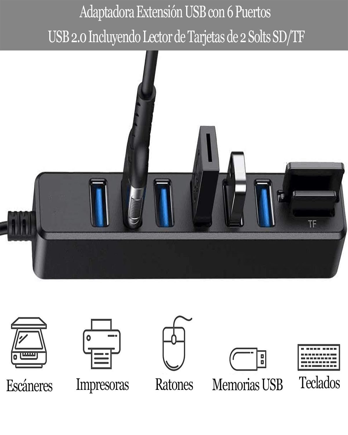 Hub USB 2.0, Multicontacto USB con 6 Puertos USB Incluyendo Lector de Tarjetas de 2 Solts SD/TF (Micro SD), 8 en 1 Conector Múltiple USB Adaptador Extensión Splitter para PC, Portátil, MacBook Pro/Air